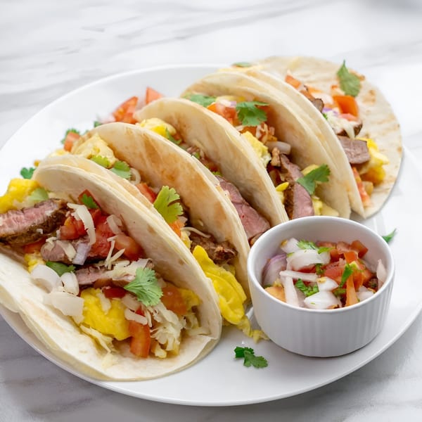 Four Adalbertacos Mexican Food breakfast tacos with steak, eggs, and pico de gallo on a white plate.